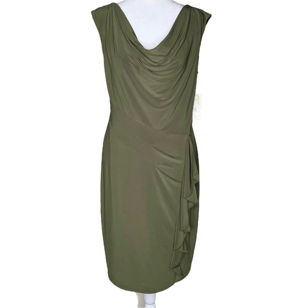 NWT Evan Picone Draped Cowl Neck Dress 12 Olive Green Goddess Ruffle Sheath - Picture 4 of 12